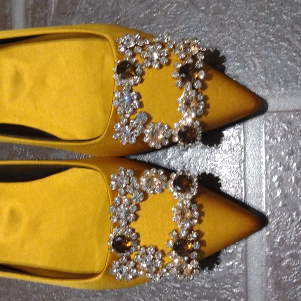 Roger Vivier Flower Strass Crystal embellishment Satin Ginger yellow flat Size35 - Picture 9 of 14